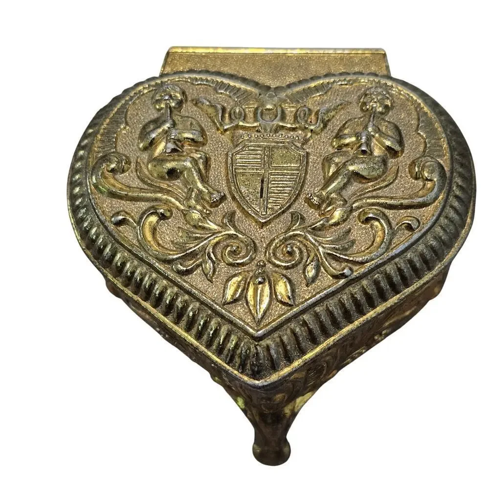 Vintage Gold Metal Heart Trinket Jewelry Box Cherub Velvet Japan Renaissance